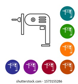 Grey line Electric drill machine icon isolated on white background. Repair tool. Set icons in color circle buttons. Vector Illustration