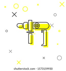 Grey line Electric drill machine icon isolated on white background. Repair tool.  Vector Illustration
