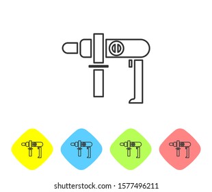 Grey line Electric drill machine icon isolated on white background. Repair tool. Set icons in color rhombus buttons. Vector Illustration