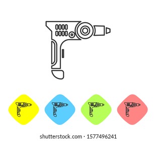 Grey line Electric drill machine icon isolated on white background. Repair tool. Set icons in color rhombus buttons. Vector Illustration