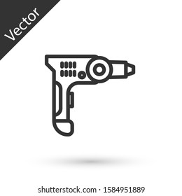 Grey line Electric drill machine icon isolated on white background. Repair tool.  Vector Illustration