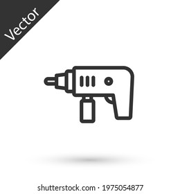 Grey line Electric drill machine icon isolated on white background. Repair tool. Vector
