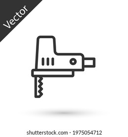Grey line Electric jigsaw with steel sharp blade icon isolated on white background. Power tool for woodwork. Vector