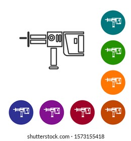 Grey line Electric rotary hammer drill machine icon isolated on white background. Working tool for construction, finishing, repair work. Set icons in color circle buttons. Vector Illustration