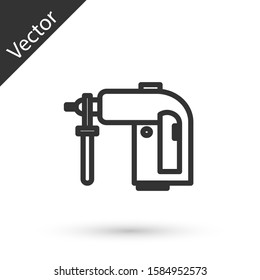 Grey line Electric rotary hammer drill machine icon isolated on white background. Working tool for construction, finishing, repair work.  Vector Illustration