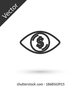 Línea gris Ojo con icono del dólar aislado en fondo blanco. Vector.