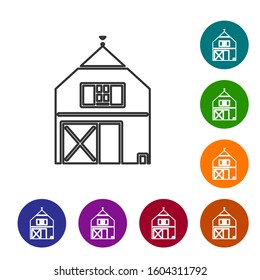 Grey line Farm House concept icon isolated on white background. Rustic farm landscape. Set icons in color circle buttons. Vector Illustration