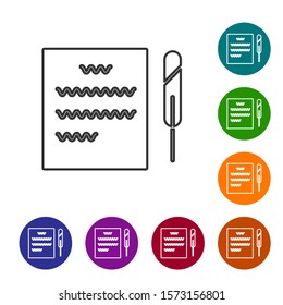 Grey line Feather pen and paper scroll icon isolated on white background. Set icons in color circle buttons. Vector Illustration