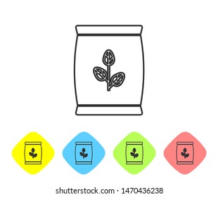 Grey line Fertilizer bag icon isolated on white background. Set icon in color rhombus buttons. Vector Illustration