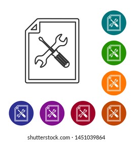 Grey line File document with screwdriver and wrench icon isolated on white background. Adjusting, service, setting, maintenance, repair, fixing. Set icon in color circle buttons. Vector Illustration