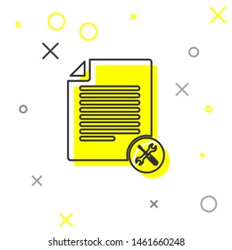 Grey line File document with screwdriver and wrench icon isolated on white background. Adjusting, service, setting, maintenance, repair, fixing.  Vector Illustration