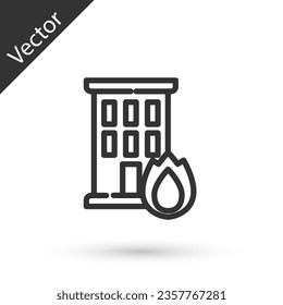 Grey line Fire in burning house icon isolated on white background. Insurance concept. Security, safety, protection, protect concept.  Vector