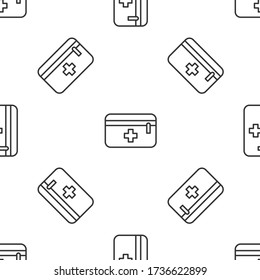 Línea gris Icono del kit de primeros auxilios aislado patrón sin fisuras sobre fondo blanco. Caja médica con cruz. Equipo médico de emergencia. Concepto de salud. Ilustración vectorial