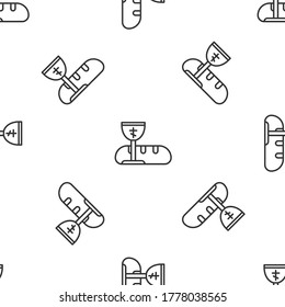 Grey line First communion symbols for a nice invitation icon isolated seamless pattern on white background. Vector Illustration