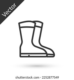 Grey line Fishing boots icon isolated on white background. Waterproof rubber boot. Gumboots for rainy weather, fishing, hunter, gardening.  Vector