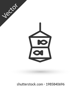 Grey line Fishing net with fish icon isolated on white background.  Vector