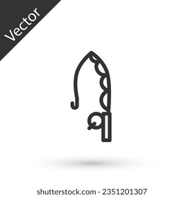 Grey line Fishing rod icon isolated on white background. Catch a big fish. Fishing equipment and fish farming topics.  Vector
