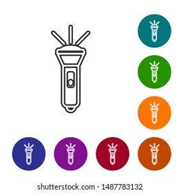 Grey line Flashlight icon isolated on white background. Set icons in color circle buttons. Vector Illustration