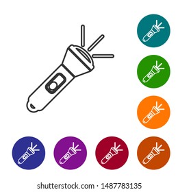 Grey line Flashlight icon isolated on white background. Set icons in color circle buttons. Vector Illustration