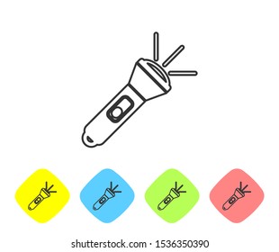 Grey line Flashlight icon isolated on white background. Set icons in color rhombus buttons. Vector Illustration