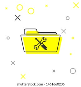 Grey line Folder with screwdriver and wrench icon isolated on white background. Adjusting, service, setting, maintenance, repair, fixing.  Vector Illustration