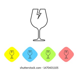Grey line Fragile broken glass symbol for delivery boxes icon isolated on white background. Set icons in color rhombus buttons. Vector Illustration