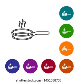 Grey line Frying pan icon isolated on white background. Fry or roast food symbol. Set icon in color circle buttons. Vector Illustration