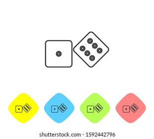 Grey line Game dice icon isolated on white background. Casino gambling. Set icons in color rhombus buttons. Vector Illustration