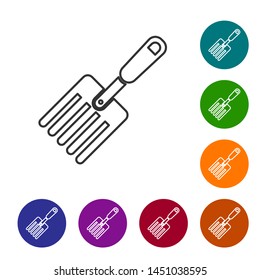 Grey line Garden fork icon isolated on white background. Pitchfork icon. Tool for horticulture, agriculture, farming. Set icon in color circle buttons. Vector Illustration