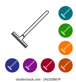Grey line Garden rake icon isolated on white background. Tool for horticulture, agriculture, farming. Ground cultivator. Housekeeping equipment. Set icon in color circle buttons. Vector Illustration
