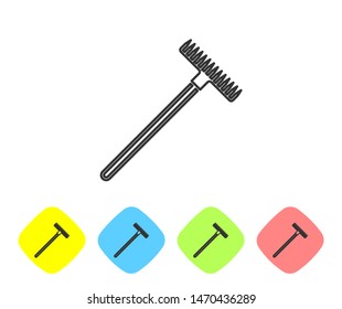 Grey line Garden rake icon isolated on white background. Tool for horticulture, agriculture, farming. Ground cultivator. Housekeeping equipment. Set icon in color rhombus buttons. Vector Illustration