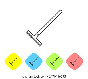 Grey line Garden rake icon isolated on white background. Tool for horticulture, agriculture, farming. Ground cultivator. Housekeeping equipment. Set icon in color rhombus buttons. Vector Illustration