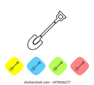 Grey line Garden shovel icon isolated on white background. Gardening tool. Tool for horticulture, agriculture, farming. Set icon in color rhombus buttons. Vector Illustration