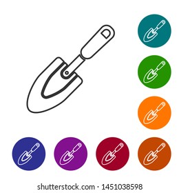 Grey line Garden trowel spade or shovel icon isolated on white background. Gardening tool. Tool for horticulture, agriculture, farming. Set icon in color circle buttons. Vector Illustration
