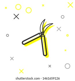 Grey line Gardening handmade scissors for trimming icon isolated on white background. Pruning shears with wooden handles.  Vector Illustration