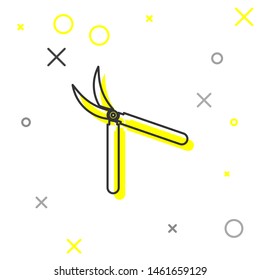 Grey line Gardening handmade scissors for trimming icon isolated on white background. Pruning shears with wooden handles.  Vector Illustration
