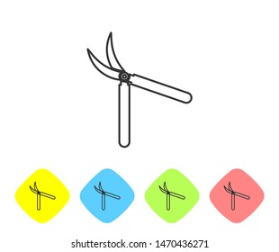 Grey line Gardening handmade scissors for trimming icon isolated on white background. Pruning shears with wooden handles. Set icon in color rhombus buttons. Vector Illustration
