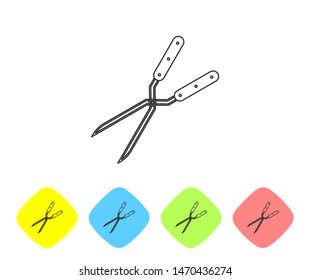 Grey line Gardening handmade scissors for trimming icon isolated on white background. Pruning shears with wooden handles. Set icon in color rhombus buttons. Vector Illustration