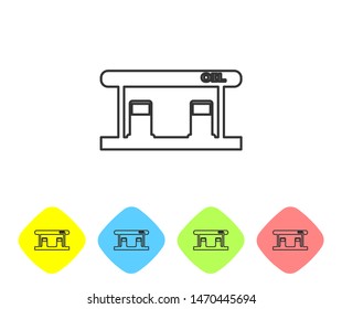 Grey line Gas filling station icon isolated on white background. Transport related service building Gasoline and oil station. Set icon in color rhombus buttons. Vector Illustration