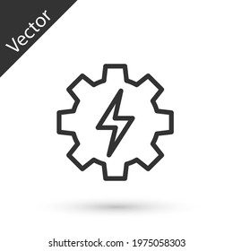 Grey line Gear and lightning icon isolated on white background. Electric power. Lightning bolt sign.  Vector