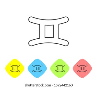 Grey line Gemini zodiac sign icon isolated on white background. Astrological horoscope collection. Set icons in color rhombus buttons. Vector Illustration