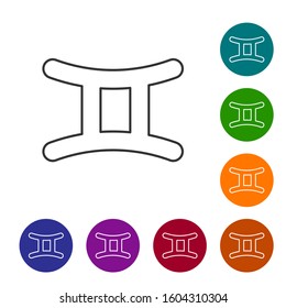 Grey line Gemini zodiac sign icon isolated on white background. Astrological horoscope collection. Set icons in color circle buttons. Vector Illustration