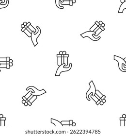 Grey line Give gift icon isolated seamless pattern on white background. Gift in hand. The concept of giving and receiving a gift.  Vector