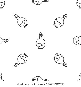 Grey line Glass bottle with magic elixir icon isolated seamless pattern on white background. Computer game asset.  Vector Illustration