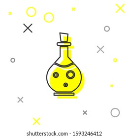 Grey line Glass bottle with magic elixir icon isolated on white background. Computer game asset.  Vector Illustration