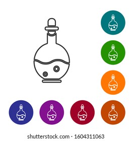 Grey line Glass bottle with magic elixir icon isolated on white background. Computer game asset. Set icons in color circle buttons. Vector Illustration