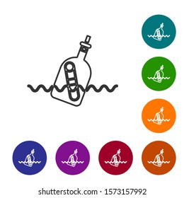Grey line Glass bottle with a message in water icon isolated on white background. Letter in the bottle. Pirates symbol. Set icons in color circle buttons. Vector Illustration