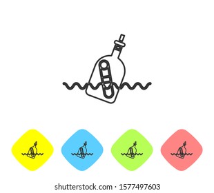 Grey line Glass bottle with a message in water icon isolated on white background. Letter in the bottle. Pirates symbol. Set icons in color rhombus buttons. Vector Illustration