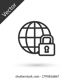 Grey line Global lockdown - locked globe icon isolated on white background. Vector