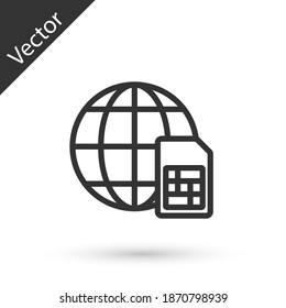 Grey line Globe 5G Sim Card icon isolated on white background. Mobile and wireless communication technologies. Network chip electronic connection. Vector.